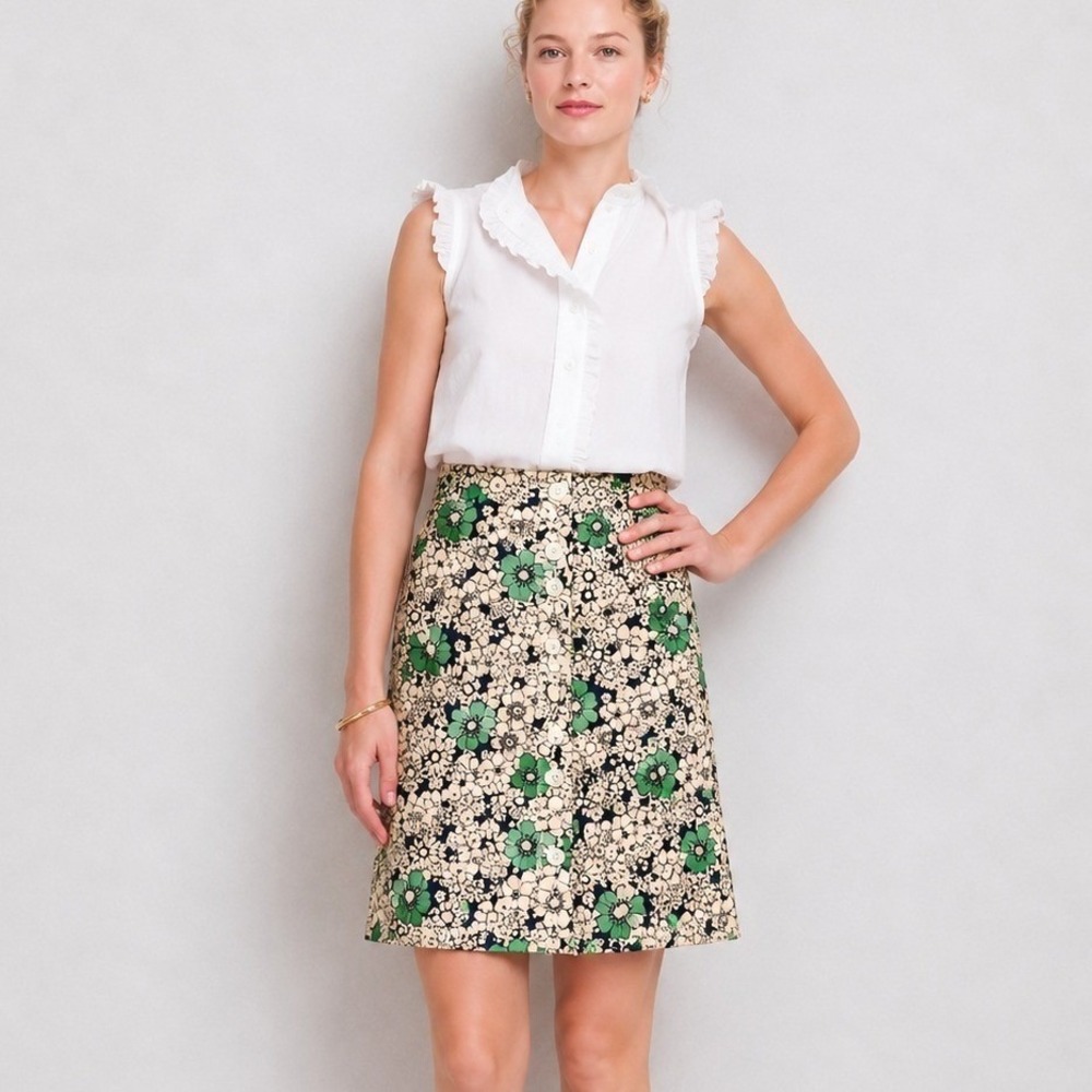 Talbots Green Blue Floral Mini Skirt Size 6 Cotton Blend Button Front Preppy